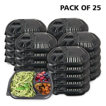 3-Compartment Disposable Plastic Food Container Box - 1000ml - 23.5 x 21 x 5.5 cm