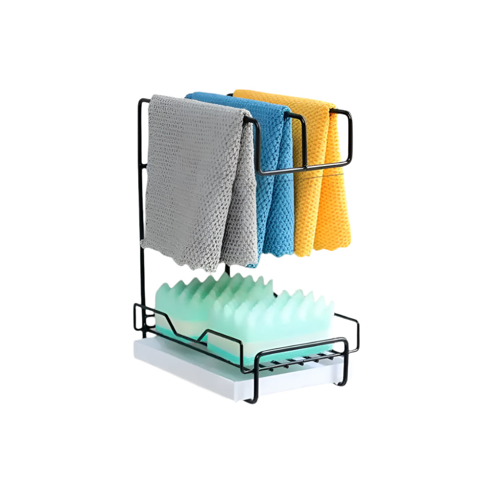 Kitchen Sink Storage Rack Countertop Wall Mounted Metal Towel Stand with Dish and Sponge Holder
