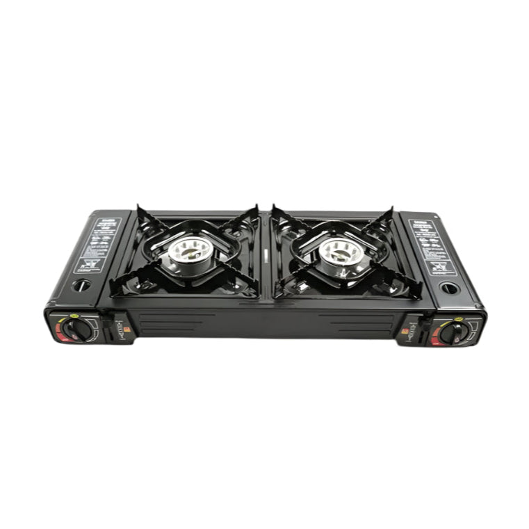 موقد غاز محمول مزدوج الشعلات مع صينية خبز وحقيبة حمل للتخييم والنزهات 2 في 1