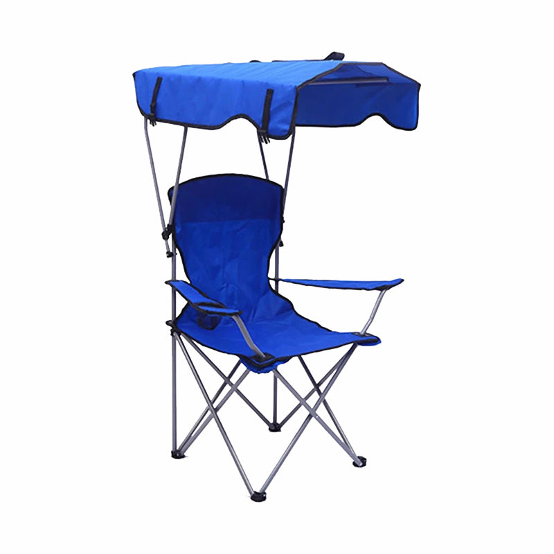 Portable Foldable Chair with Sunshade, Padded Armrest and Cup Holder for Camping, Outdoors & Picnic - Blue