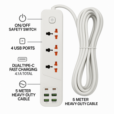5 Meter Heavy Duty 3 Socket Extension Board with 4 USB Ports & Dual Type-C Fast Charging, 4.1A Power Strip with On/Off Switch & Long Durable Cord for Home & Office Electronics