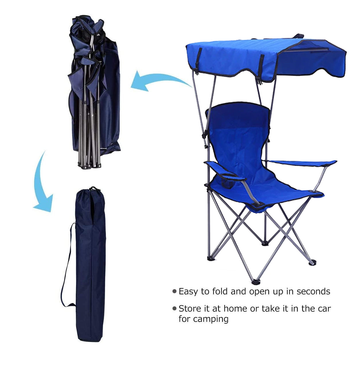 Portable Foldable Chair with Sunshade, Padded Armrest and Cup Holder for Camping, Outdoors & Picnic - Blue