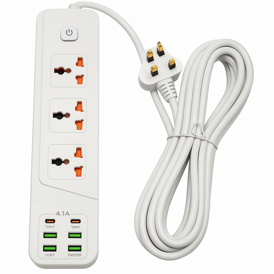5 Meter Heavy Duty 3 Socket Extension Board with 4 USB Ports & Dual Type-C Fast Charging, 4.1A Power Strip with On/Off Switch & Long Durable Cord for Home & Office Electronics