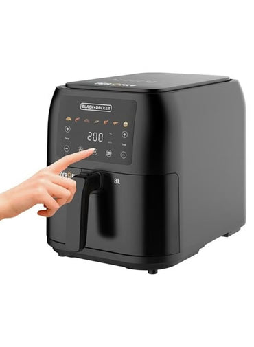 مقلاة هوائية رفيعة وأنيقة من بي+دي - رقمية بالكامل، سعة 8 لتر، قوة 1700 واط، 7 وظائف محددة مسبقًا، قائمة طعام ملونة