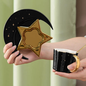 Star Moon Golden Handle Coffee Mug and Coaster Set