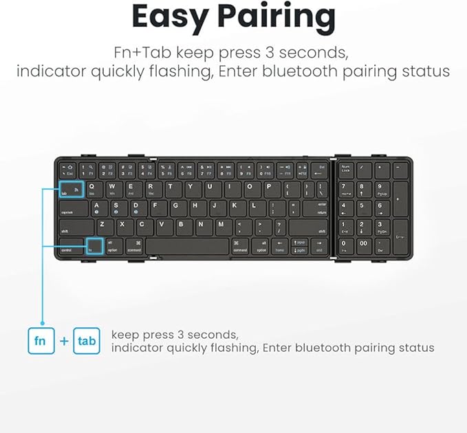 Triple-Fold Foldable & Portable Wireless Keyboard with Keypad, 64-Key Scissor-Switch, Portable Design, 210mAh Rechargeable Battery, Compatible with Android, iOS & Windows & Mac Devices