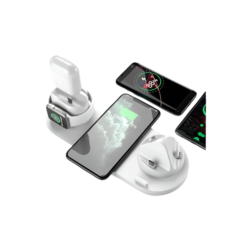 Universal 6-in-1 Wireless Charging Station for Phone, Smart Watch, and Earphones - 15W Fast Charge