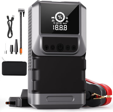 Portable 4-in-1 Car Jump Starter & Air Compressor with Emergency Flashlight & Power Bank - 150PSI Pressure