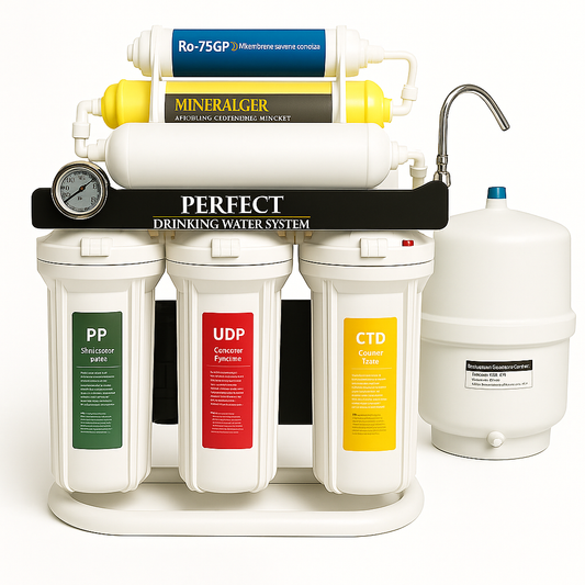 نظام مثالي لتنقية وترشيح المياه بتقنية التناضح العكسي (RO) بست مراحل، وغشاء 75 جالونًا في اليوم، وتعزيز المعادن، للحصول على مياه شرب نظيفة وصحية ولذيذة المذاق - مع التركيب