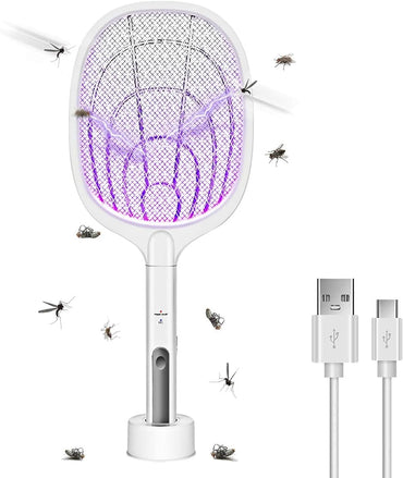 Rechargeable & Foldable Electric Fly & Bug Swatter Racket - Wall-Mountable & Standing Position