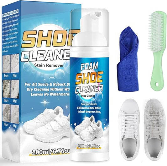 Shoe Cleaner, 200ml White Trainer Shoe Cleaner Foam, Powerful Stain Remover Shoe Cleaning Kit with Cleaning Brush & Cleaning Cloth for Shoes, Sneaker, Leather, Nubuck, Suede, Canvas