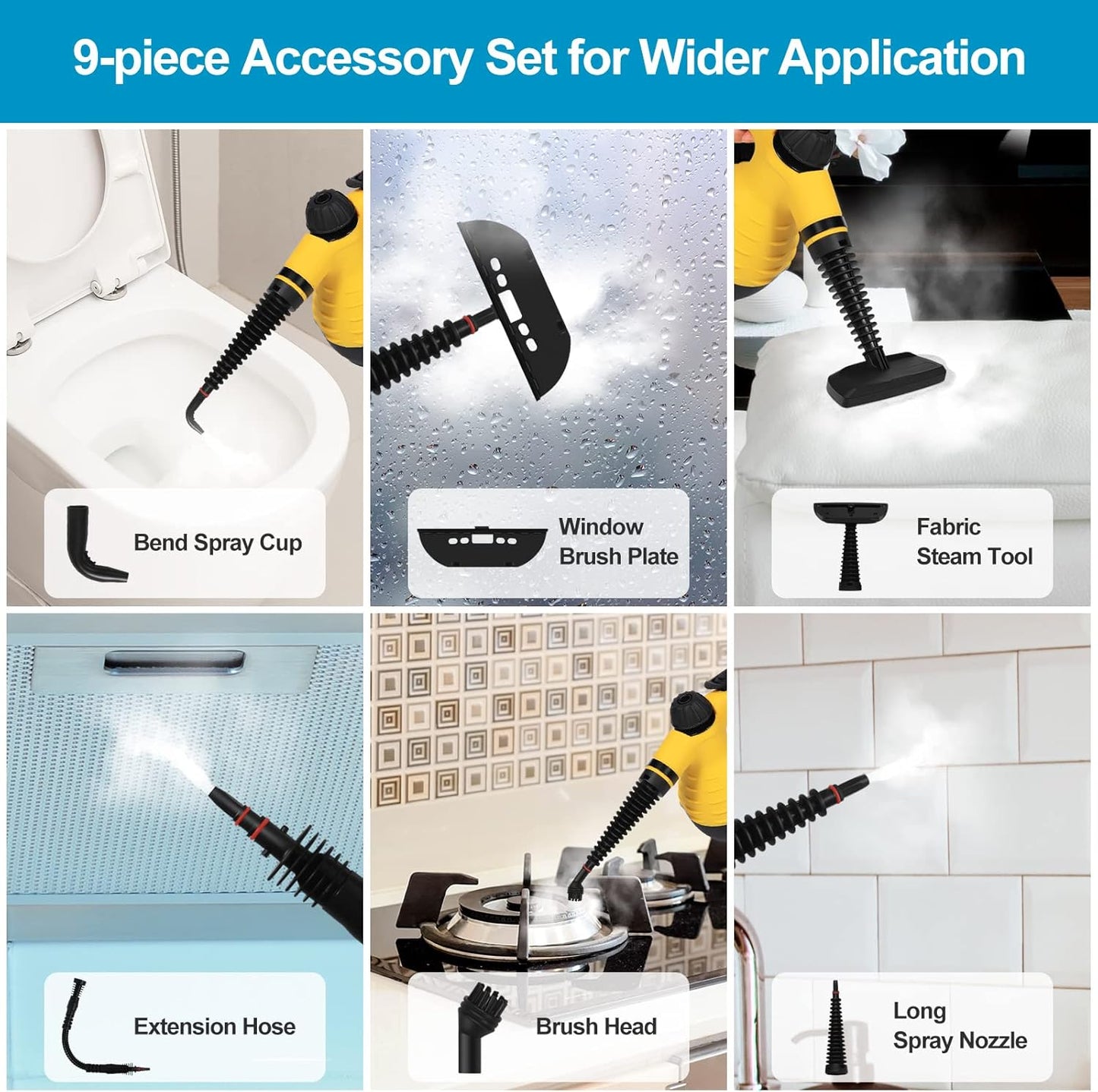 Handheld Steam Cleaner Multi-Purpose Pressurized Steam Cleaner with 9pcs Accessories For Car Seat, Carpet, Beds, Clothes, Curtains, Handheld Steamer for Cleaning Home, Kitchen, Toilet, Bathroom
