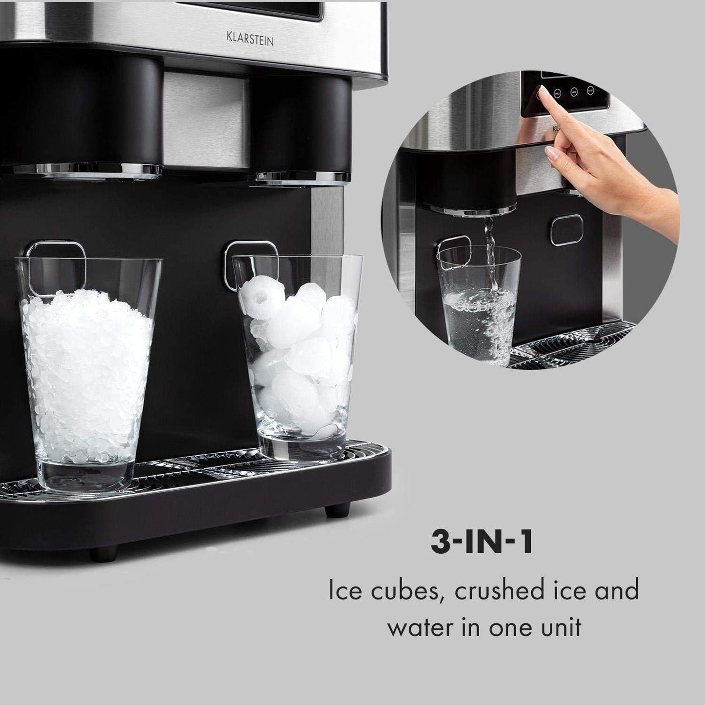 3-in-1 Ice Maker with Crusher & Cold Water Dispenser, 1.8L Water Reservoir, 600g Storage, 15–18kg - Day Output