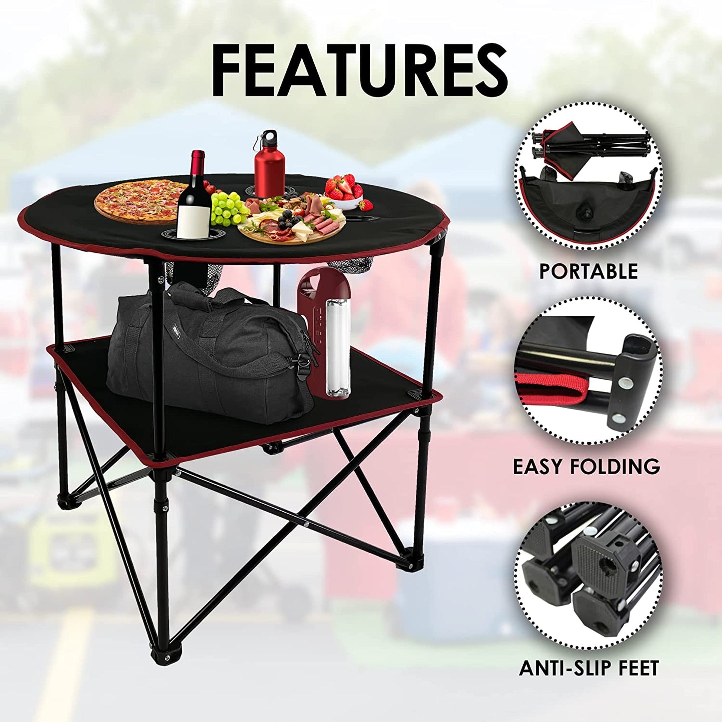 Portable Foldable Lightweight Outdoor Camping Table with 4 Cup Holders & Carry Bag for Picnic and Garden
