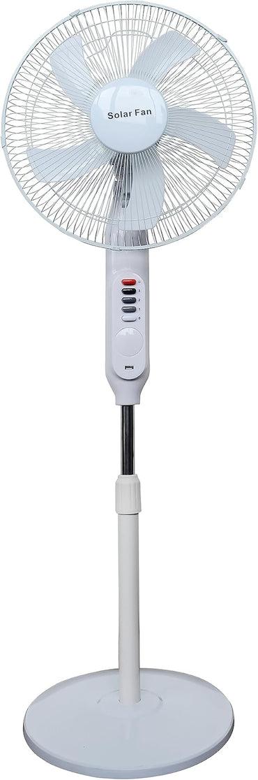 3-in-1 Rechargeable Solar Standing Fan – 16 Inch | Adjustable Height, LED Light, Speed Control & USB Charging Port