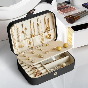 Mini Jewelry Box, 16x11.5x5cm Small Travel Jewelry Organizer, Portable Display Storage Box for Stud Earrings, Rings, Necklaces, Bracelets (Black)