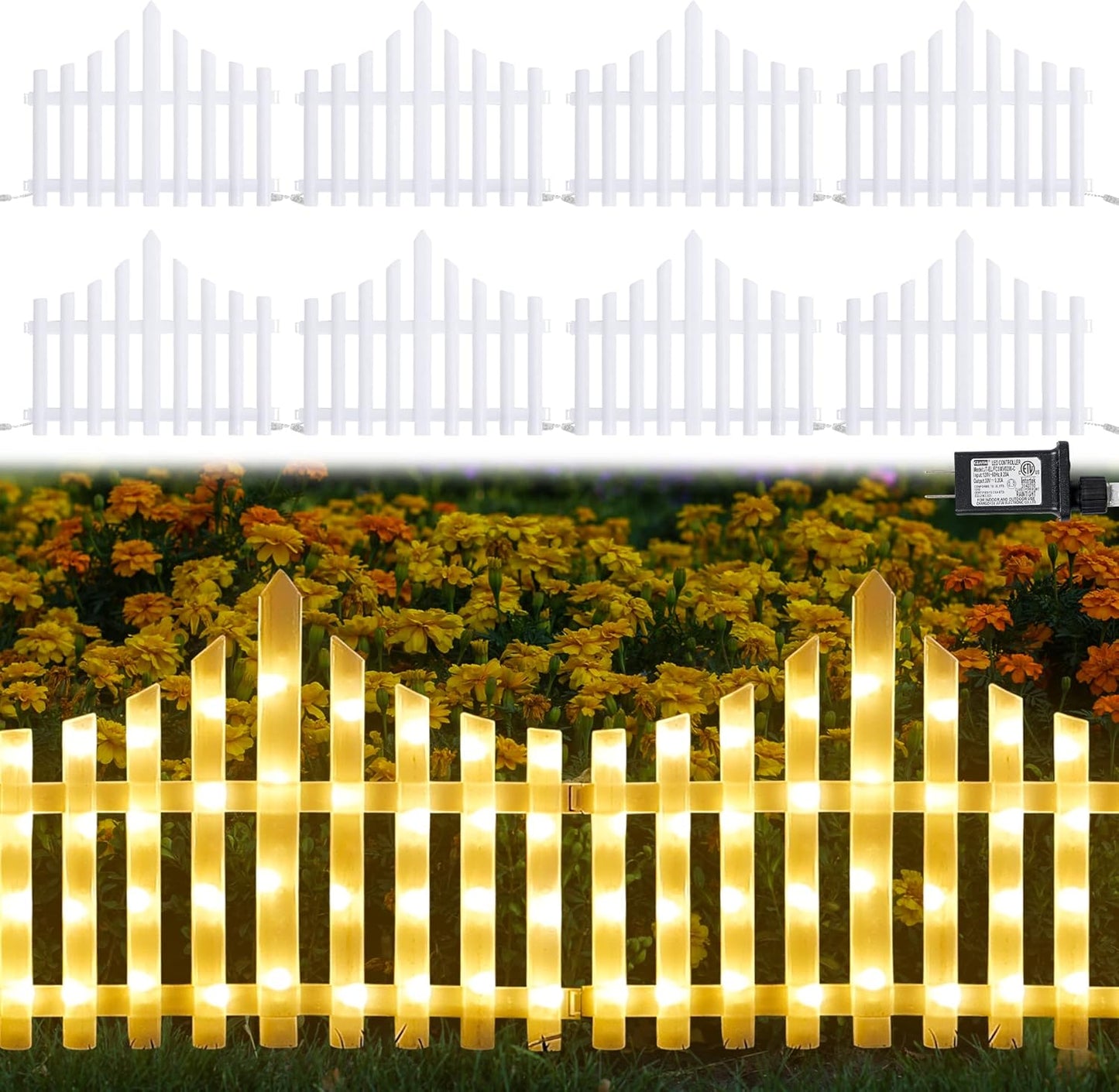 Decorative LED Fence Lights with Easy Clip-On Installation & Multiple Modes - Set of 8 - Warm White (Total Size 280 x 28.5 cm)