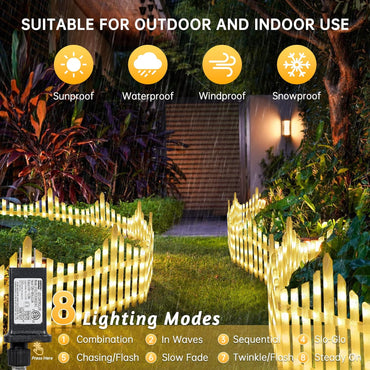 Decorative LED Fence Lights with Easy Clip-On Installation & Multiple Modes - Set of 8 - Warm White (Total Size 280 x 28.5 cm)