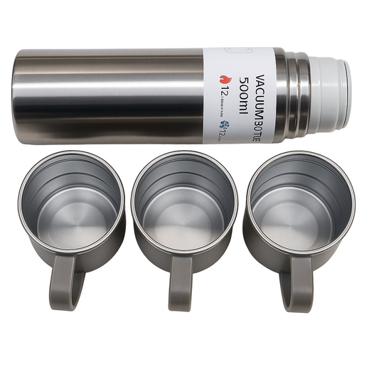 500ml Stainless Steel Double Wall Vacuum Flask with 3 Cup Lids – 12 Hours Hot & Cold Insulated Bottle for Outdoor, Office & Travel Use