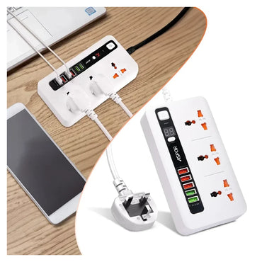 Smart Power Socket Extension Strip with 5 USB Fast Charging Ports and 3 Universal Power Sockets - 2mtr Length