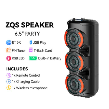 مكبر صوت كاريوكي بلوتوث محمول ZQS3601 مزود بإضاءة LED RGB، ومكبر صوت كامل النطاق 6.5 بوصة، ودعم ميكروفون لاسلكي، وبطارية قابلة لإعادة الشحن بسعة 1800 مللي أمبير.