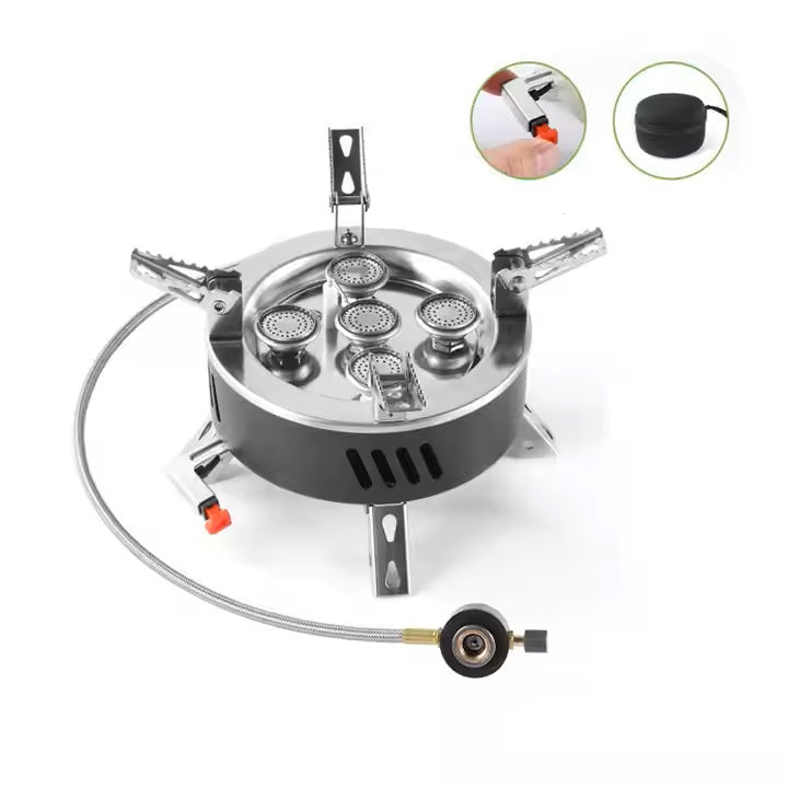 Powerful Five-Burner Camping Gas Stove with Storage Bag for Outdoors & Picnics - Windproof, Adjustable & Folding Design - 11000W