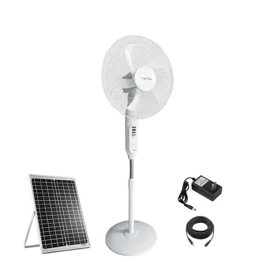 3-in-1 Rechargeable Solar Standing Fan – 16 Inch | Adjustable Height, LED Light, Speed Control & USB Charging Port