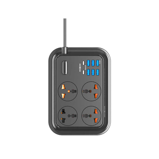 سلك تمديد طاقة عالمي MOXOM MX-ST06 ذو 12 منفذًا، مزود بـ 4 مقابس كهربائية، و6 منافذ USB، ومنفذي شحن سريع من النوع C، وكابل متين بطول 2 متر.
