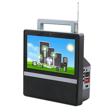 نظام تلفزيون ووسائط GDTimes يعمل بالطاقة الشمسية ١٢ فولت، ١٠ بوصات، مع بنك طاقة، بشاشة ١٠ بوصات، ولوحة شمسية ٢٠ واط، ومصابيح LED، وجهاز تحكم عن بُعد، ومنفذ USB/SD/FM - مجموعة طاقة وترفيه محمولة