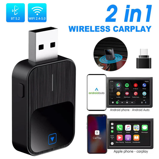 2-in-1 Wireless CarPlay & Android Auto USB Adapter with Bluetooth 5.3, Dual-Band WiFi, Voice Control & Multi-Car Compatibility – Plug & Play Smart Connection for iOS & Android Devices