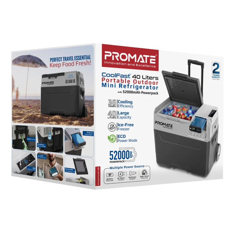 ثلاجة Promate CoolFast صغيرة محمولة للاستخدام الخارجي بسعة 40 لترًا مع حزمة طاقة 52000 مللي أمبير في الساعة