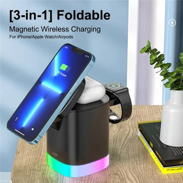 T15 3 in 1 Magnetic Magsafe Wireless Charger Folding Charging Stand For iPhone / Apple Watch/ AirPods