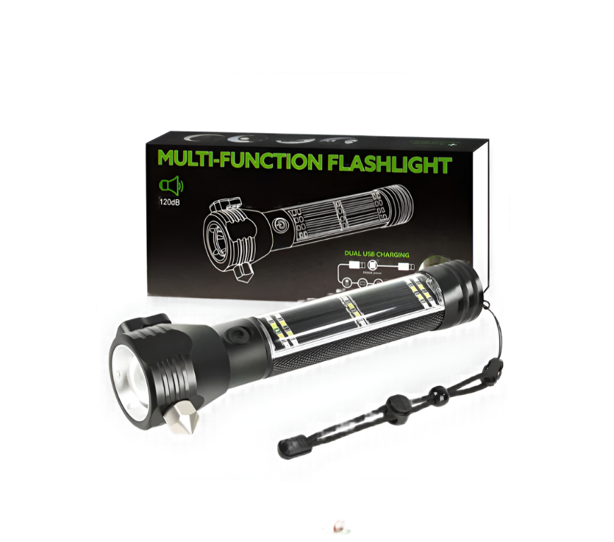 Multifunctional Tactical Solar Flashlight for Emergency with Water Resistant Design, Alloy Hammerhead, Cutter & Compass