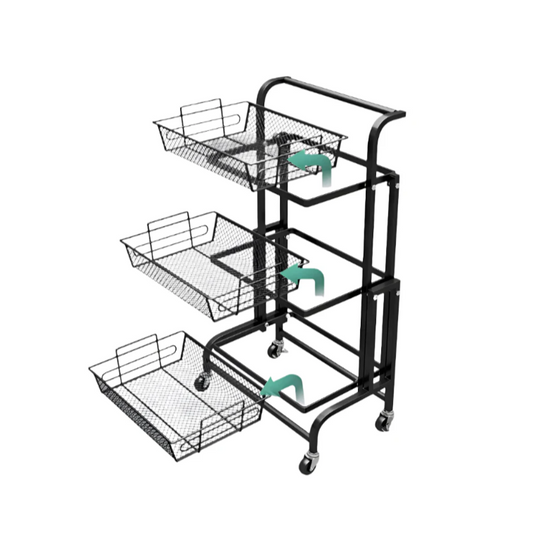 3 Tier Adjustable & Foldable Kitchen Storage Metal Rack Organizer Trolley with Wheels - Black
