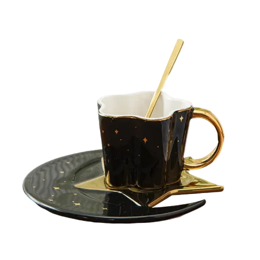 Star Moon Golden Handle Coffee Mug and Coaster Set