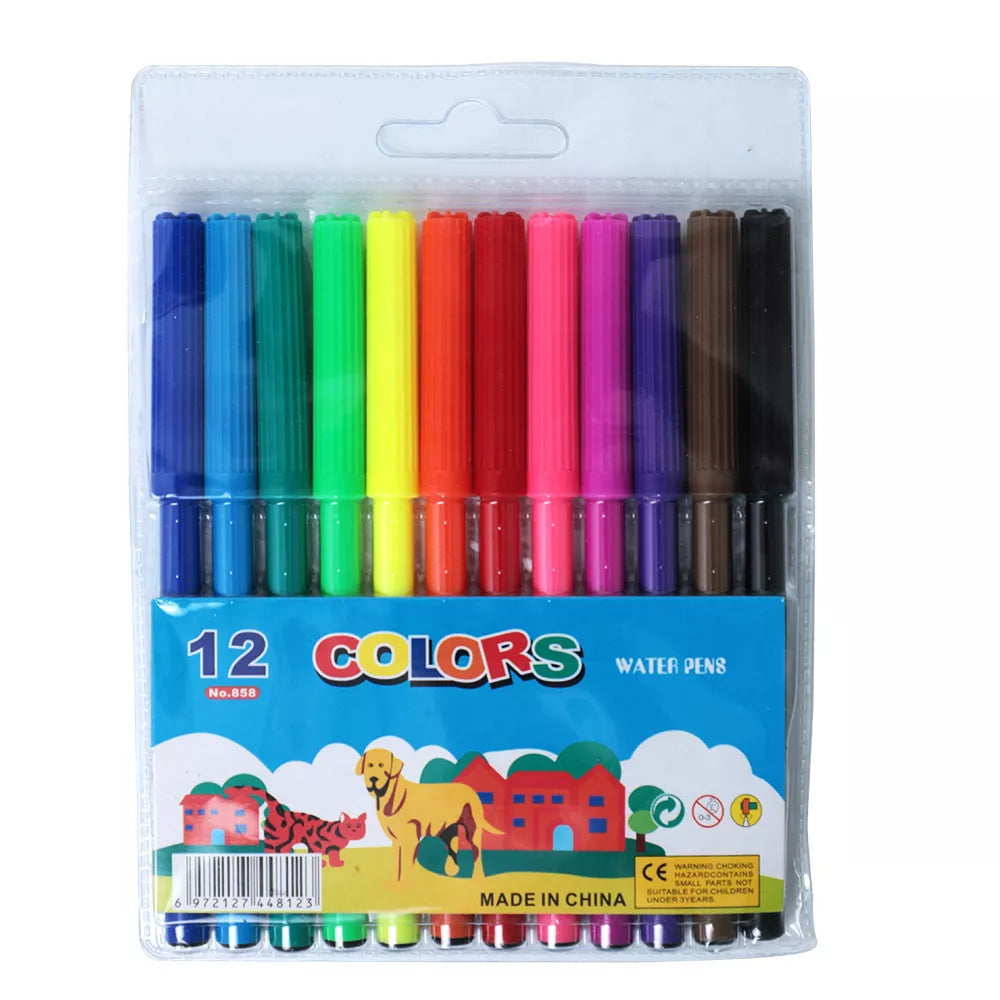 12-Color Water-Based Marker Pens for School, Office, Drawing, and Coloring with Smooth Non-Toxic Ink