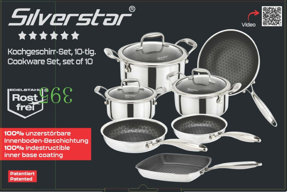 SILVERSTAR 18/10 STAINLESS STEEL 10 PCS COOKING SET CASSEROLE WITH GLASS LID 28+24+20 CM +FRYPAN 24+20 CM+ GRILL PAN 26 CM + WOK PAN 28 CM