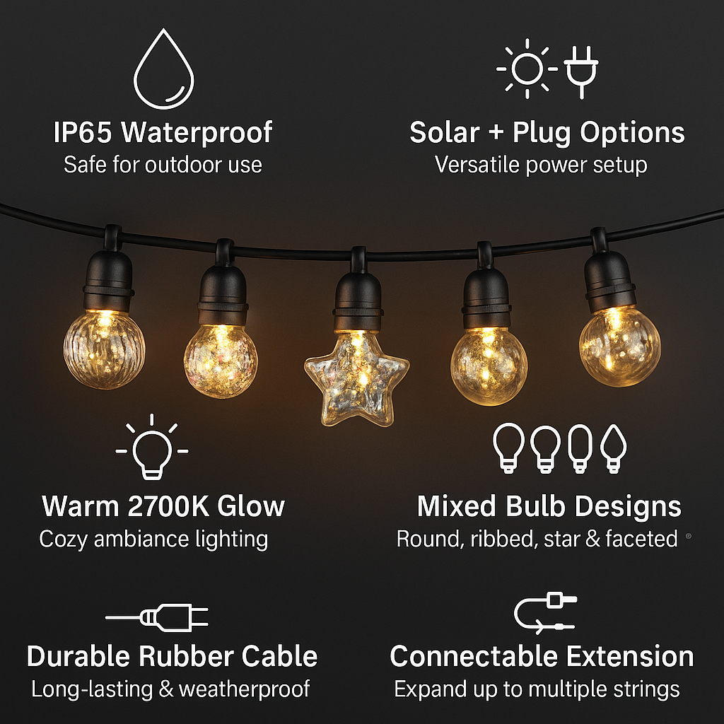 Decorative Solar LED String Lights with Multiple Bulb Designs for Indoor & Outdoor Use - 5 Meters - 10 Bulbs - Waterproof
