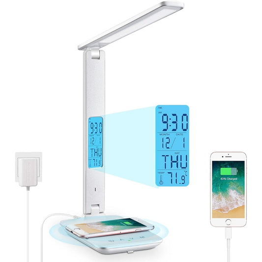 LOVEYBEAUTY Desk Lamp, LED Desk Lamp with Wireless Charger, USB Charging Port, Adjustable, Foldable Table Lamp with Clock, Alarm, Date, Temperature, 5 Levels of Dimmable Lighting, Office Lamp with Adapter