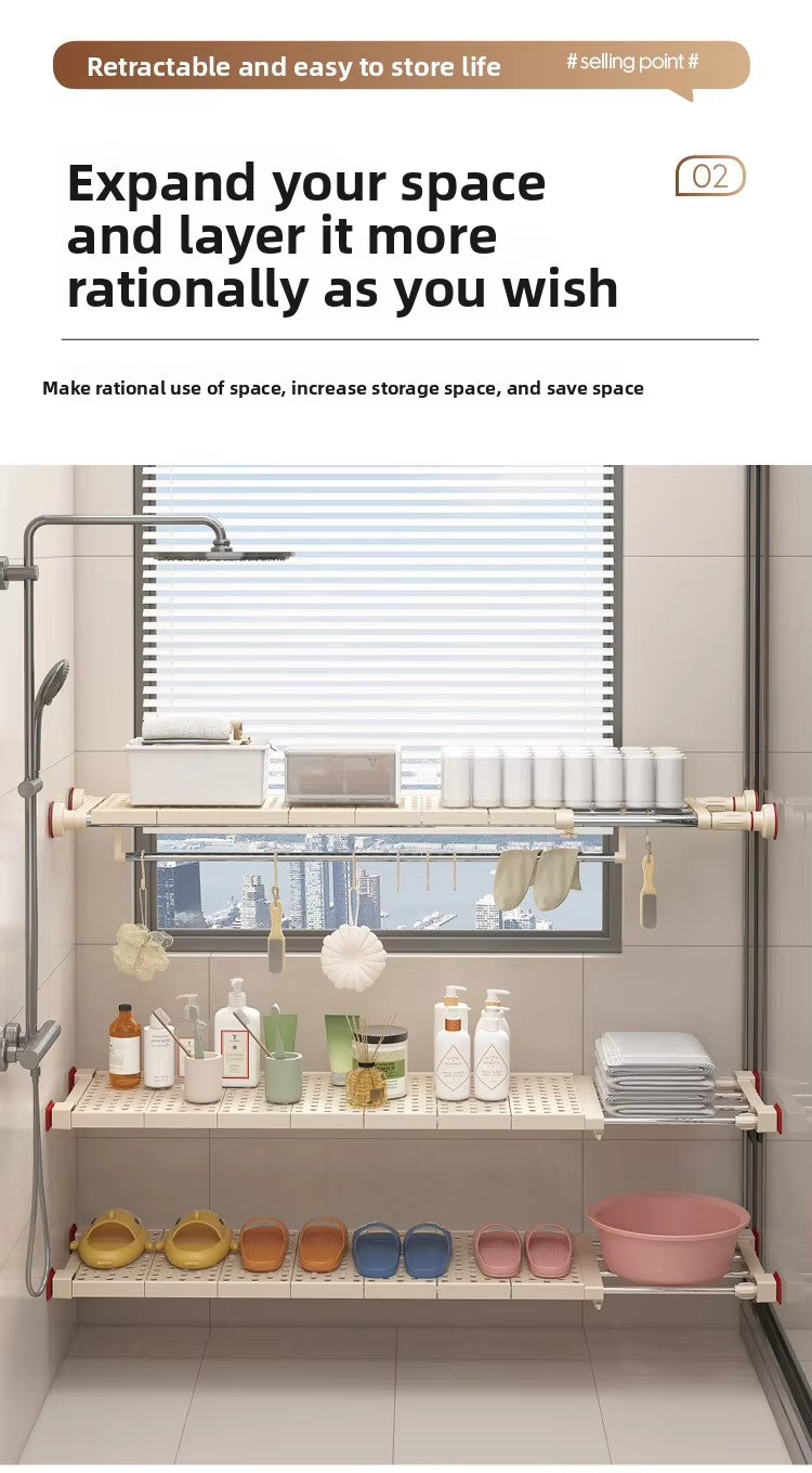 Adjustable Telescopic Shelf Rack with Stainless Steel Reinforced Pipes, Anti-Slip Grip & Expandable Design for Bathroom, Kitchen & Closet Storage Organization