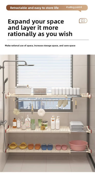 Adjustable Telescopic Shelf Rack with Stainless Steel Reinforced Pipes, Anti-Slip Grip & Expandable Design for Bathroom, Kitchen & Closet Storage Organization