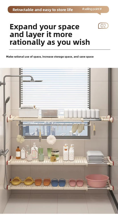 Adjustable Telescopic Shelf Rack with Stainless Steel Reinforced Pipes, Anti-Slip Grip & Expandable Design for Bathroom, Kitchen & Closet Storage Organization