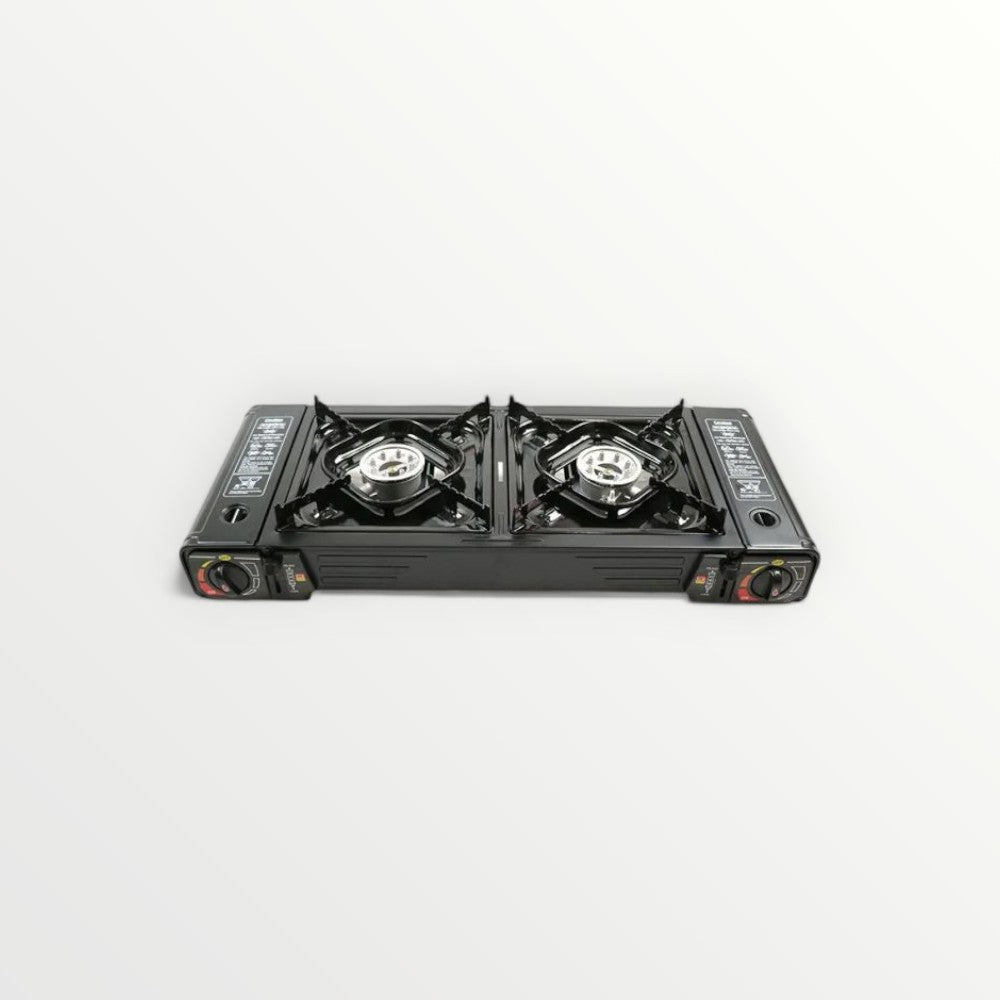 Portable Dual Gas Burner Cooking Stove with Baking Tray & Carrying Case for Camping & Picnic 2 in 1