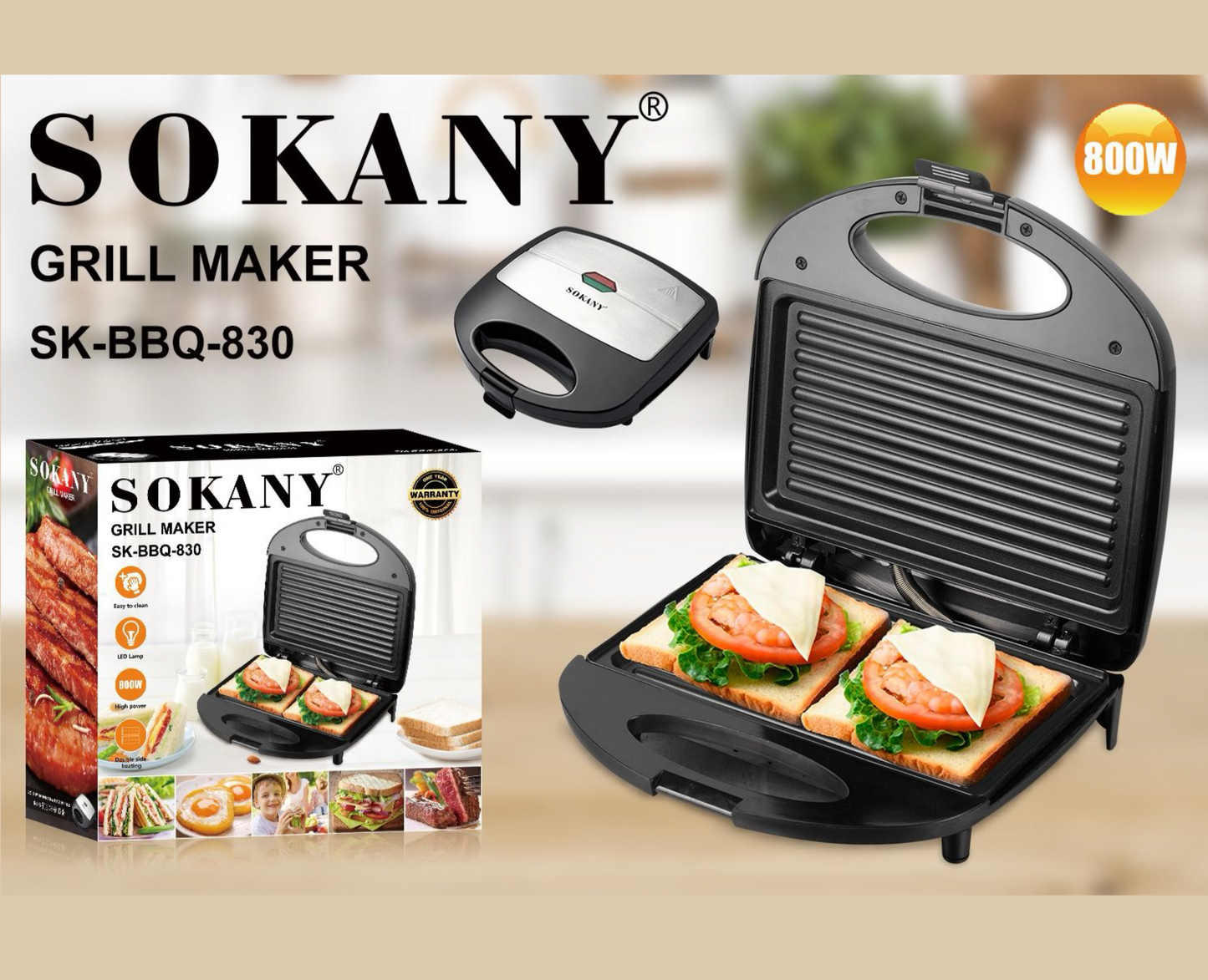 SOKANY Electric Grill and Sandwich Maker, 800W