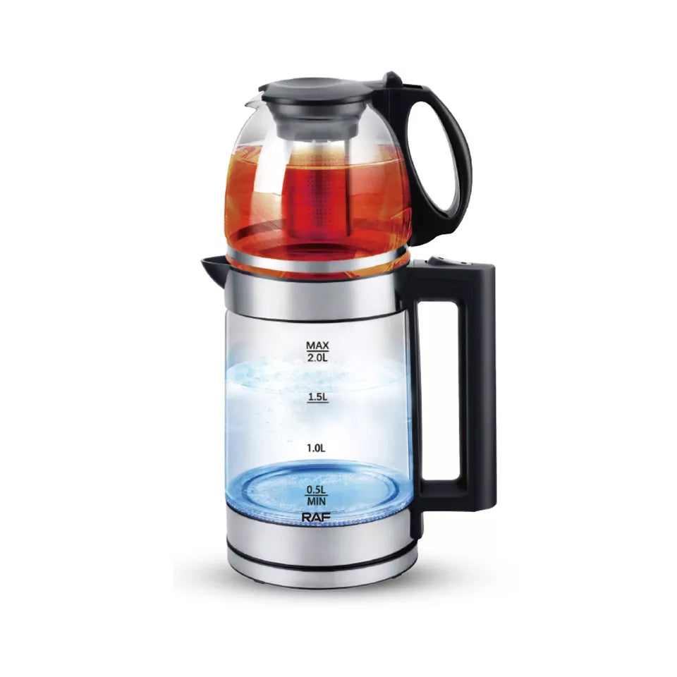 RAF 0.8L + 2L 2-in-1 Double Glass Samovar Electric Kettle with 360° Rotating Power Base for Instant Heating