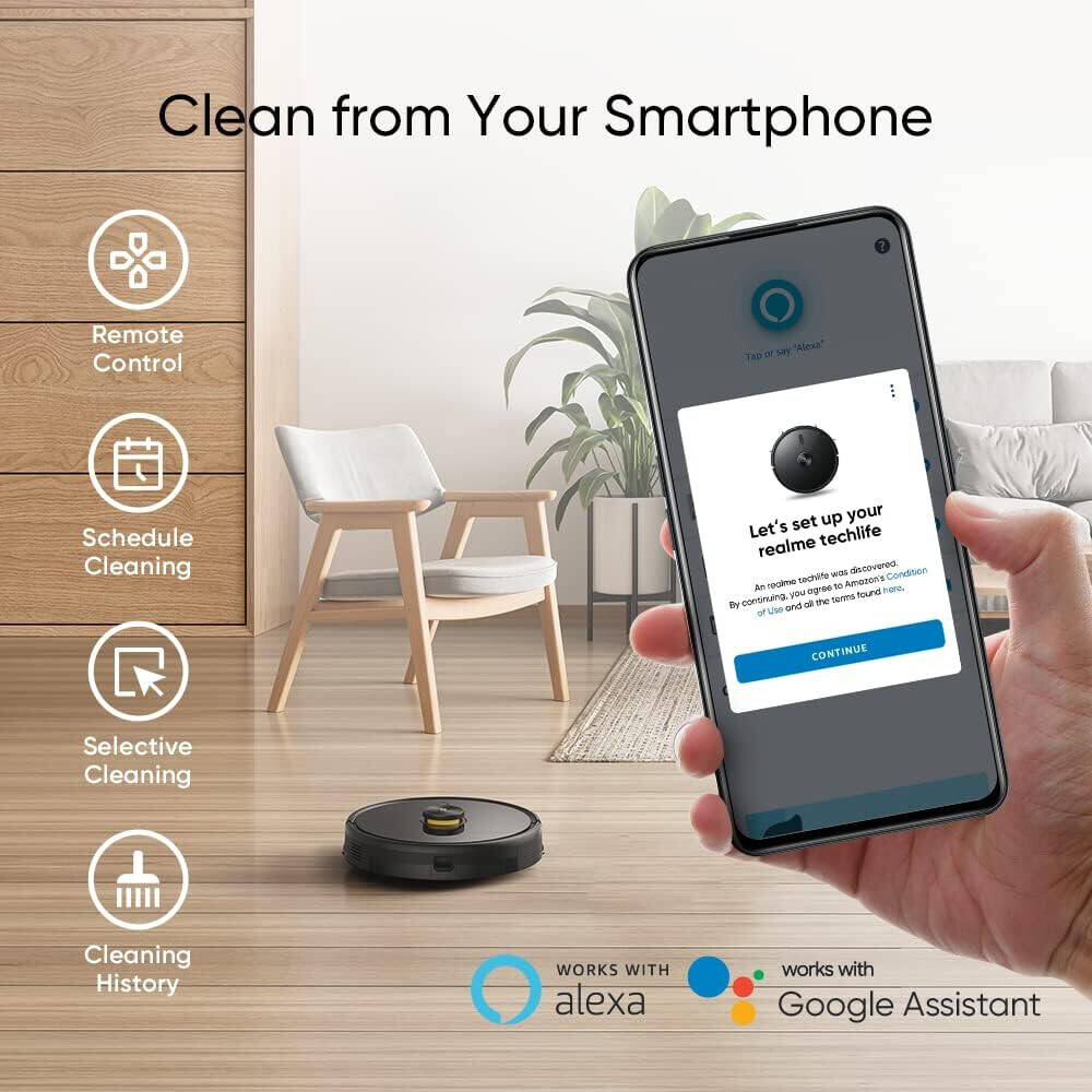 مكنسة كهربائية روبوتية من Realme Techlife، سلة مهملات سعة 0.35 لتر، خزان مياه سعة 0.3 لتر، قوة شفط 3000 باسكال، بطارية ليثيوم أيون 5200 مللي أمبير/ساعة 
