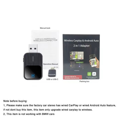 2-in-1 Wireless CarPlay & Android Auto USB Adapter with Bluetooth 5.3, Dual-Band WiFi, Voice Control & Multi-Car Compatibility – Plug & Play Smart Connection for iOS & Android Devices