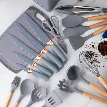 Premium 19-Piece Silicone Kitchenware & Knife Set with Cutting Board & Holding Stand