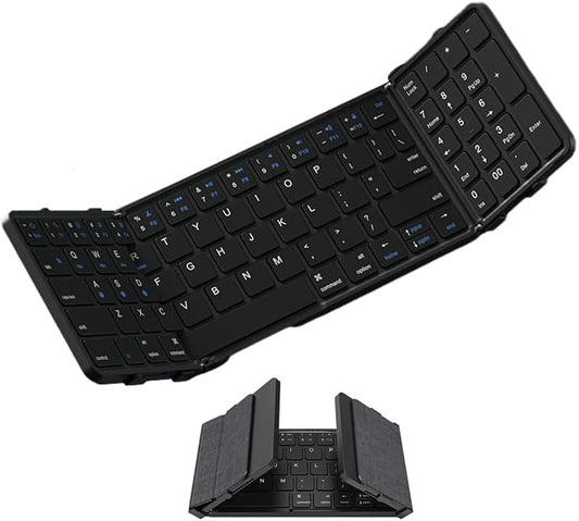 Triple-Fold Foldable & Portable Wireless Keyboard with Keypad, 64-Key Scissor-Switch, Portable Design, 210mAh Rechargeable Battery, Compatible with Android, iOS & Windows & Mac Devices