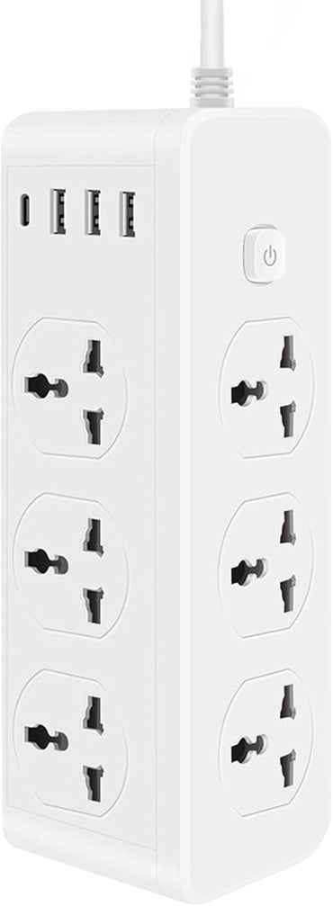 3000W Universal Power Socket Extension with 6 AC Outlets, 3 Smart USB Ports, Type-C Slot & Surge Protection – 2M Cord with Overload Safety - Multi-Plug Tower Adapter